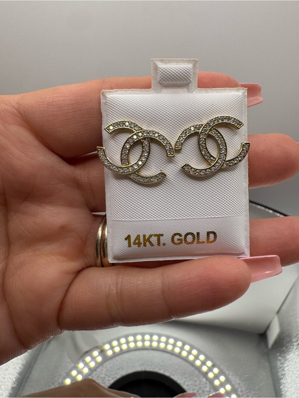 14KT Gold Crystal Interlocking CC Stud Earrings - White Gold Tone
